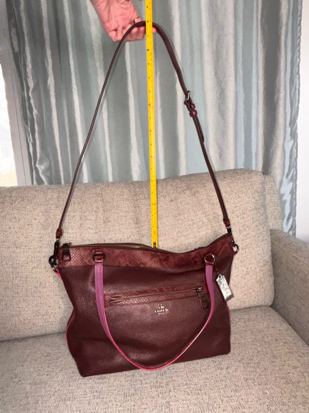 Coach Tyler Leather Tote Burgundy w/Purple/Snake Details, Crossbody Strap - Picture 14 of 16